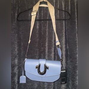 True Religion Light Blue Crossbody Bag with Tan Strap